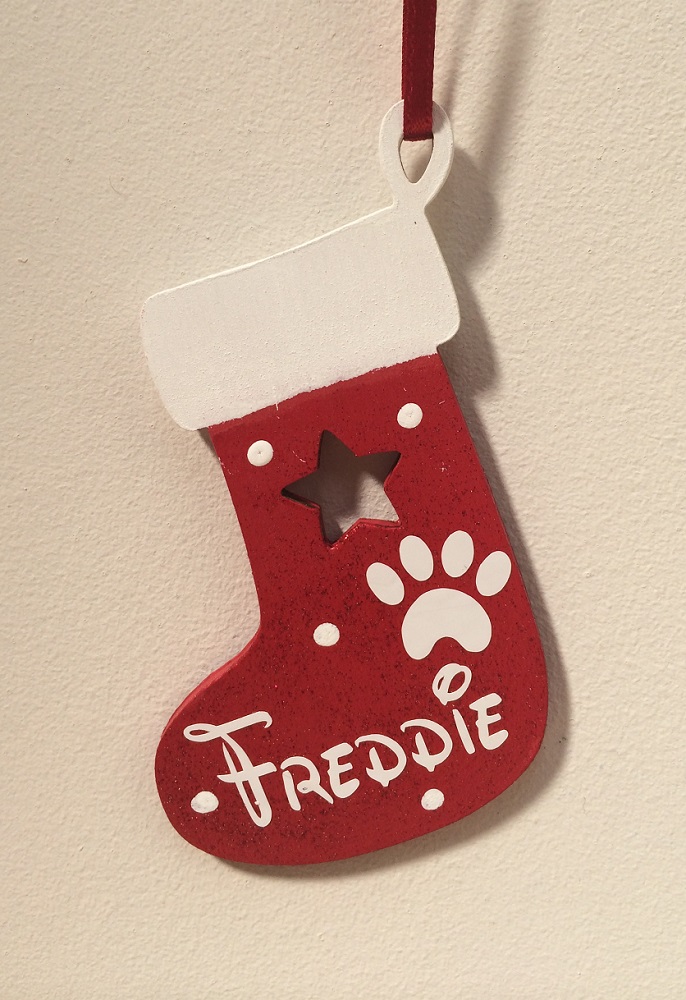 Red Pet Wooden Christmas Stocking with name of your choice - Click Image to Close